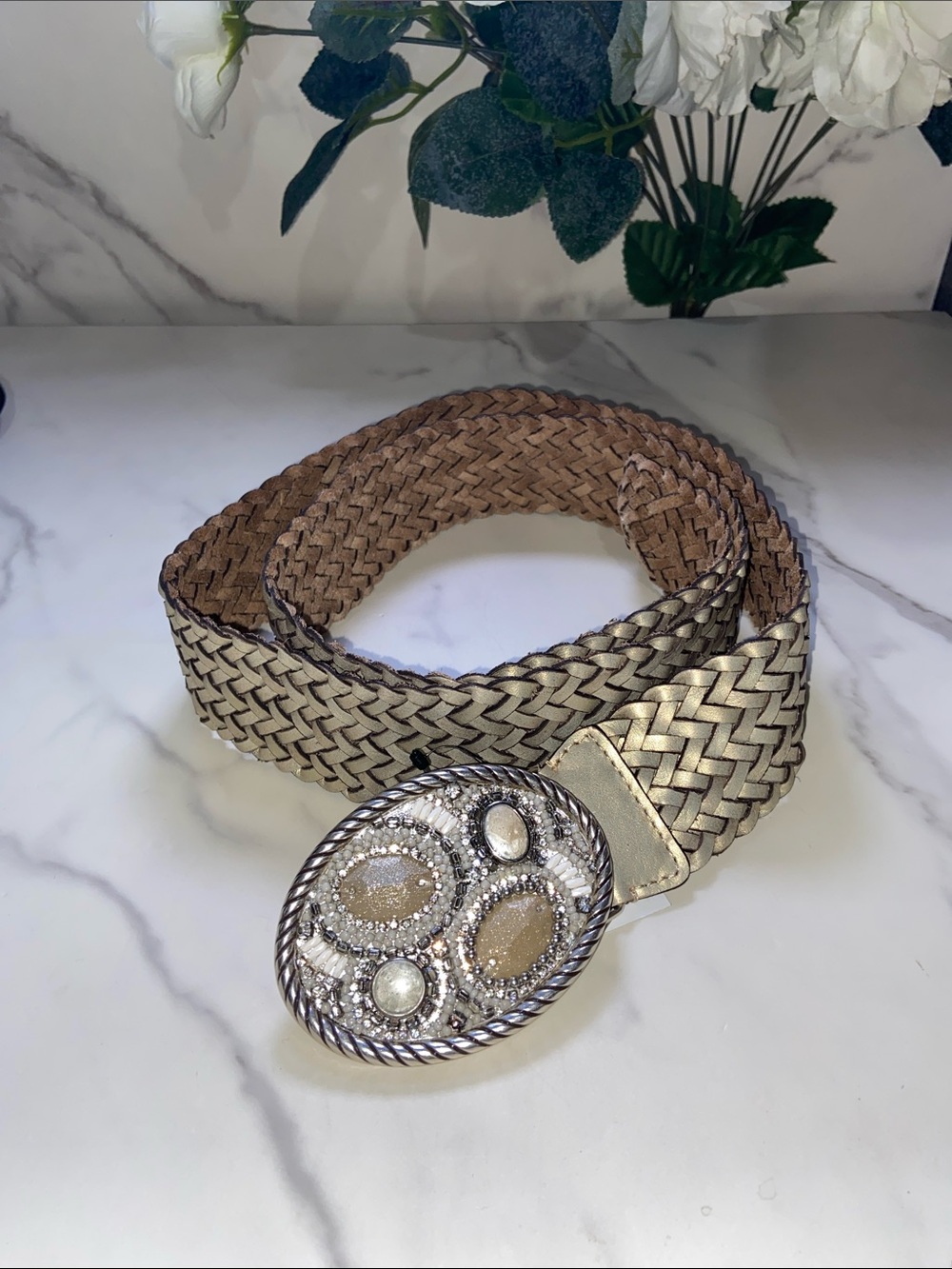 Chico's Genuine Leather Braided Metallic Belt with Ornate Beaded Oval Buckle